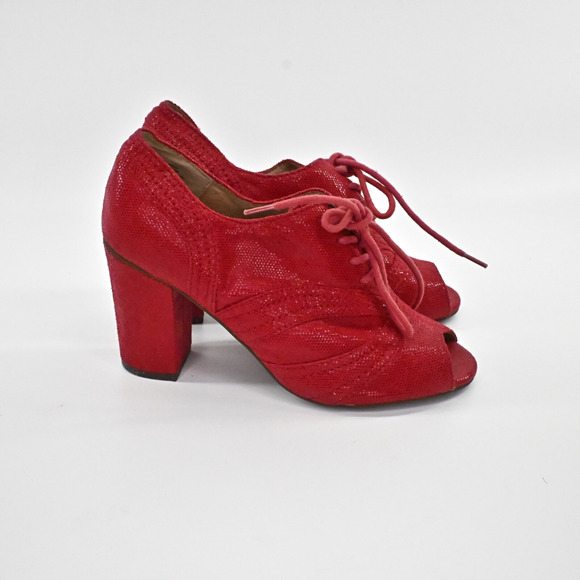 SEYCHELLES Womens Eternity Peep‎ Toe Oxford Heels Sz 6 Red Shimmer Lace Up Retro - Picture 7 of 9